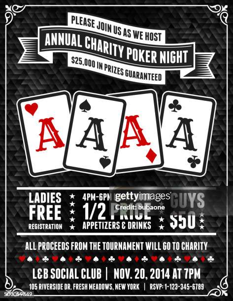 poker charity tournament poster on black background - contest flyer stock illustrations