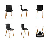 Black Plastic Modern Chair with Wood Legs, Multiple Angles