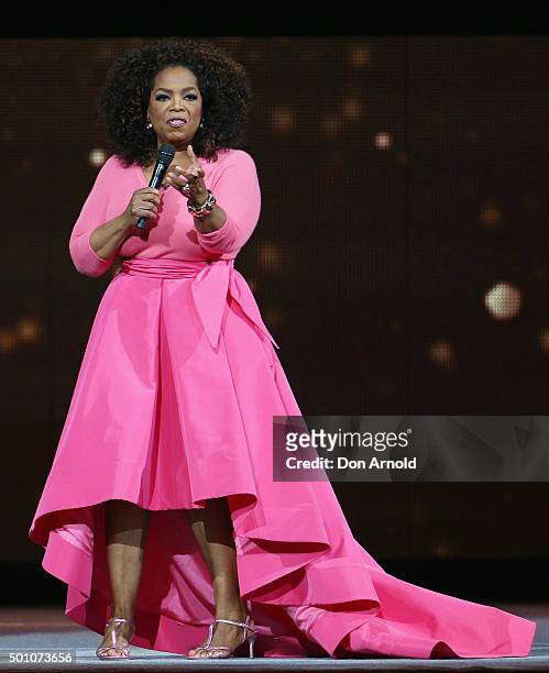 Oprah Winfrey is seen on stage during her 'An Evening With Oprah' tour at Allphones Arena on December 12, 2015 in Sydney, Australia.