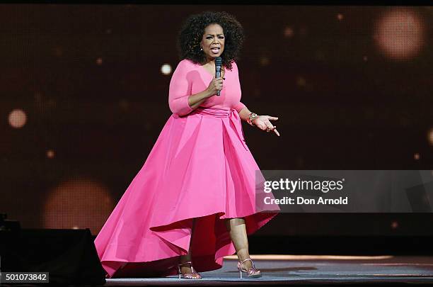 Oprah Winfrey is seen on stage during her 'An Evening With Oprah' tour at Allphones Arena on December 12, 2015 in Sydney, Australia.