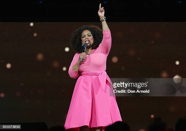 Oprah Winfrey is seen on stage during her 'An Evening With Oprah' tour at Allphones Arena on December 12, 2015 in Sydney, Australia.