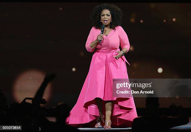 Oprah Winfrey is seen on stage during her 'An Evening With Oprah' tour at Allphones Arena on December 12, 2015 in Sydney, Australia.