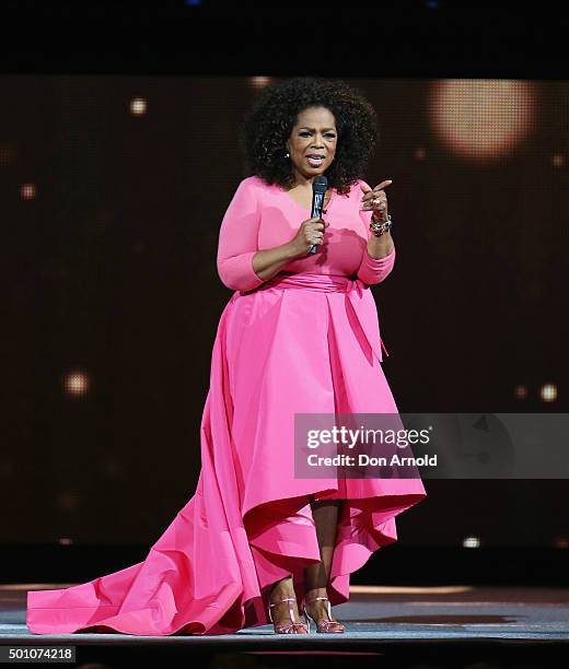 Oprah Winfrey is seen on stage during her 'An Evening With Oprah' tour at Allphones Arena on December 12, 2015 in Sydney, Australia.