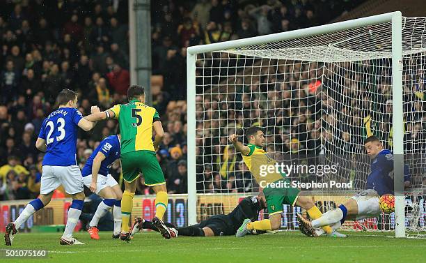 Wes Hoolahan of Norwich City scores his team's first goal during the Barclays Premier League match between Norwich City and Everton at Carrow Road on...