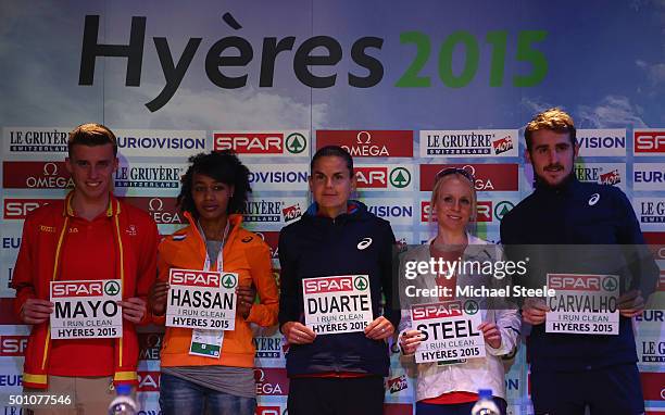 Athletes displaying the 'I Run Clean' bibs Lto R: Carlos Mayo of Spain, Sifari Hassan of Netherlands,Sophie Duarte of France, Gemma Steel of Great...