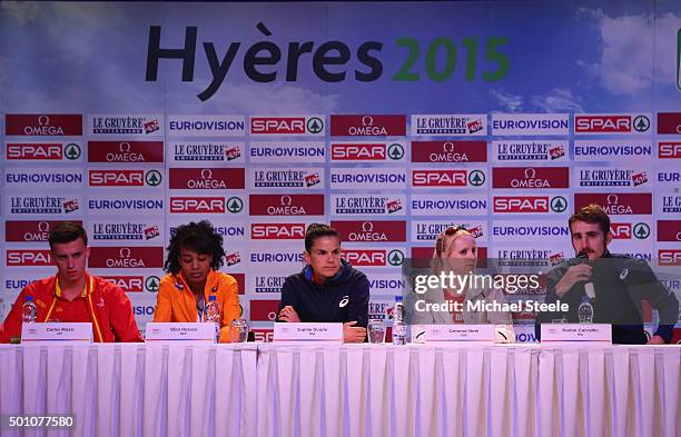 Athletes Lto R: Carlos Mayo of Spain, Sifari Hassan of Netherlands,Sophie Duarte of France, Gemma Steel of Great Britain and Florian Carvalho of...