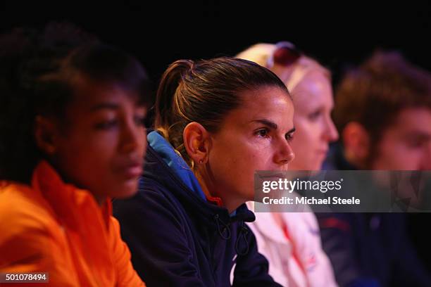 Sophie Duarte of France looks on during a press conference alongside Sifari Hassan of Netherlands, Gemma Steel of Great Britain and Florian Carvalho...