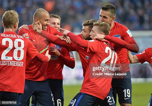 John Anthony Brooks, Marvin Plattenhardt, Mitchell Weiser and Vedad Ibisevic of Hertha BSC celebrate after scoring the 0:2 during the Bundesliga...
