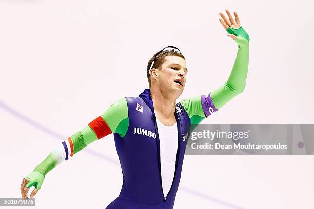 Sven Kramer of Netherlands celebrates after he competes in the 5000m mens race during day two of the ISU World Cup Speed Skating held at Thialf Ice...