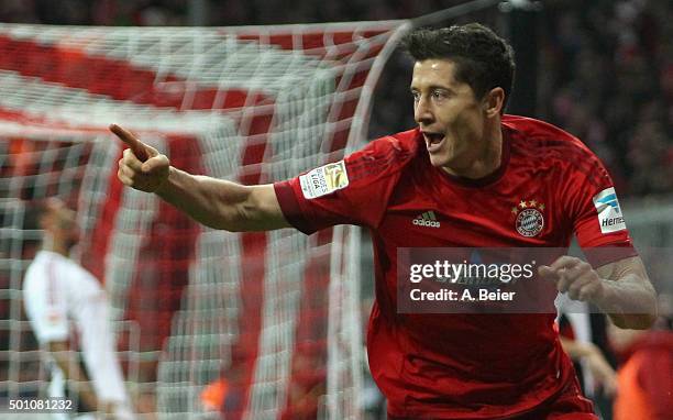 Robert Lewandowski of Bayern Muenchen celebrates his first goal during the Bundesliga match between FC Bayern Muenchen and FC Ingolstadt at Allianz...