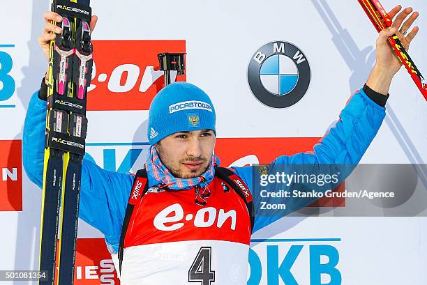 Anton Shipulin of Russia takes 3rd place during the IBU Biathlon World Cup Men's and Women's Pursuit on December 12, 2015 in Hochfilzen, Austria.