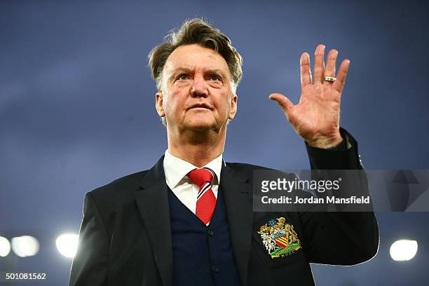 Louis van Gaal Manager of Manchester United waves to supporters prior to the Barclays Premier League match between A.F.C. Bournemouth and Manchester...