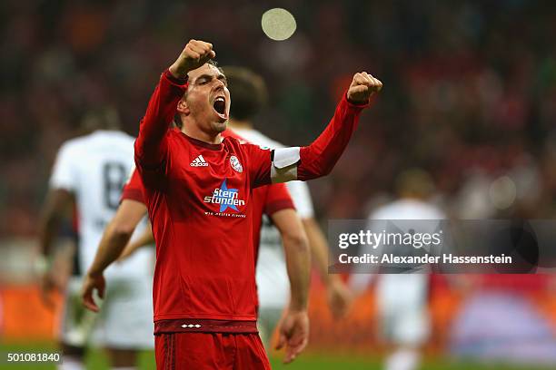 Philipp Lahm of Muenchen celebrates scoring the 2nd team goal during the Bundesliga match between FC Bayern Muenchen and FC Ingolstadt at Allianz...