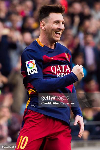Lionel Messi of FC Barcelona celebrates after scoring the opening goal during the La Liga match between FC Barcelona and RC Deportivo La Coruna at...