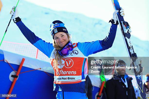 Anna Holmlund of Sweden takes 1st during the FIS Freestyle Ski World Cup, Men's and Women's Ski Cross on December 12, 2015 in Val Thorens, France.