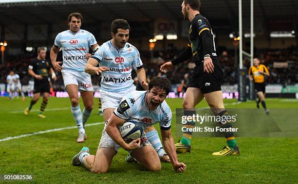Racing player Henry Chavancy celebrates after scorinmg the first try during the European Rugby Champions Cup match between Racing Metro 92 and...
