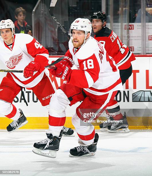 Joakim Andersson of the Detroit Red Wings skates against the New Jersey Devils at the Prudential Center on December 11, 2015 in Newark, New Jersey....