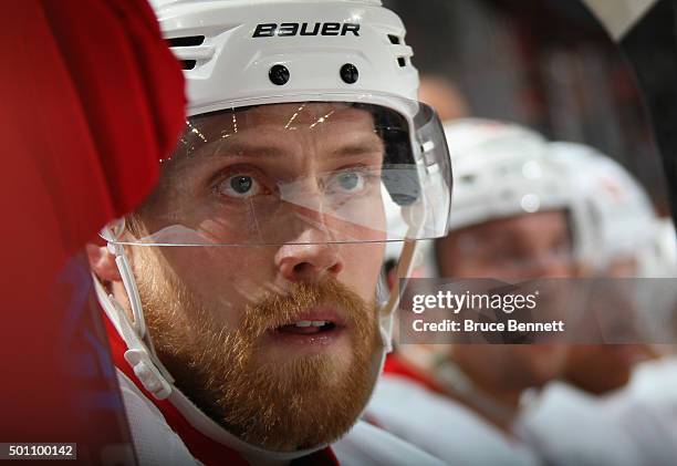 Joakim Andersson of the Detroit Red Wings plays against the New Jersey Devils at the Prudential Center on December 11, 2015 in Newark, New Jersey....