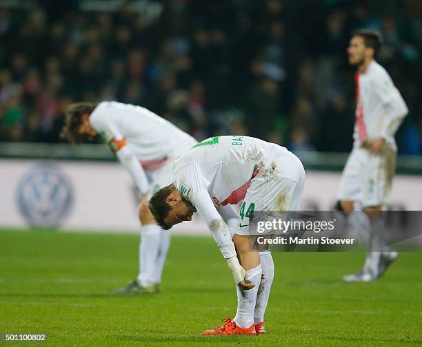 Philipp Bargfrede of Bremen look sdejected during the Bundesliga match between Werder Bremen and 1. FC Koeln at Weserstadion on December 12, 2015 in...