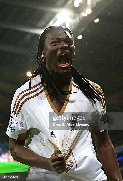 Bafetimbi Gomis of Swansea City celebrates scoring his team's first goal during the Barclays Premier League match between Manchester City and Swansea...