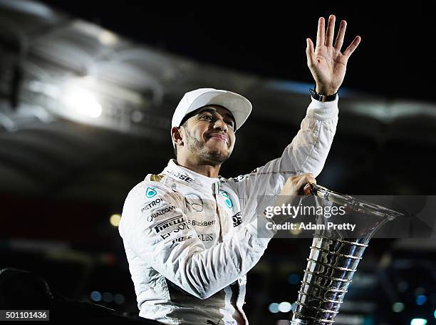 Lewis Hamilton of Great Britain and 2015 F1 World Champion waves to the crowd before the first round of races in the Mecedes-AMG A 45 of the Stars...