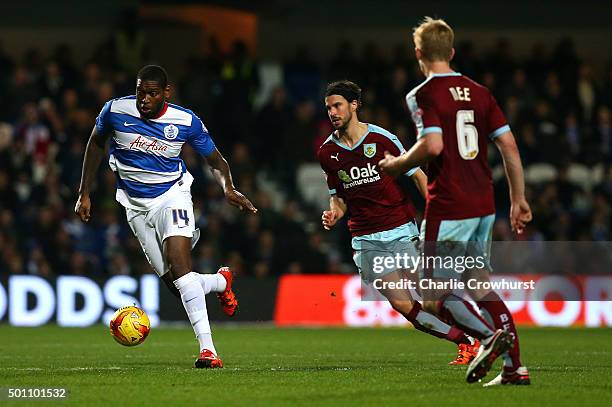 S Jay Emmanuel-Thomas attacks during the Sky Bet Championship match between Queens Park Rangers and Burnley at Loftus Road on December 12, 2015 in...