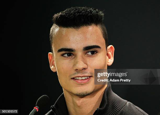 Pascal Wehrlein of Germany speaks to the media before the first round of races in the Mecedes-AMG A 45 of the Stars and Cars event at Mercedes-Benz...