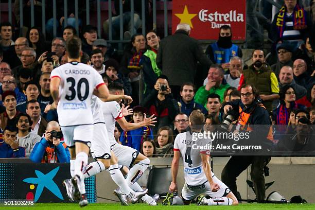 Alex Bergantinos of RC Deportivo La Coruna celebrates after scoring his team's second goal during the La Liga match between FC Barcelona and RC...