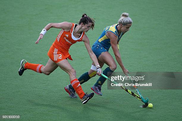 Ashleigh Nelson of Australia competes with Lidweij Welten of the Netherlands during the 5th/6th place match between the Netherlands and Australia on...