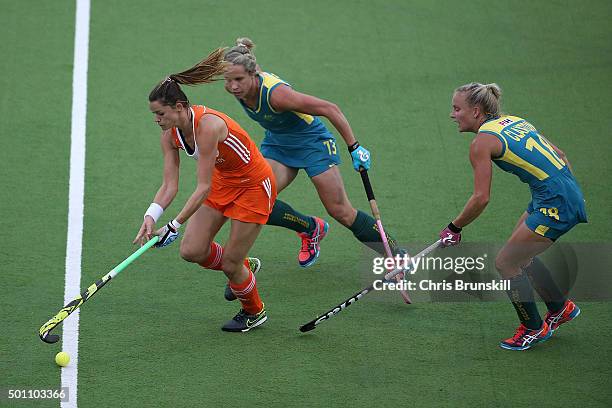 Edwina Bone and Jane Claxton of Australia compete with Lidweij Welten of the Netherlands during the 5th/6th place match between the Netherlands and...