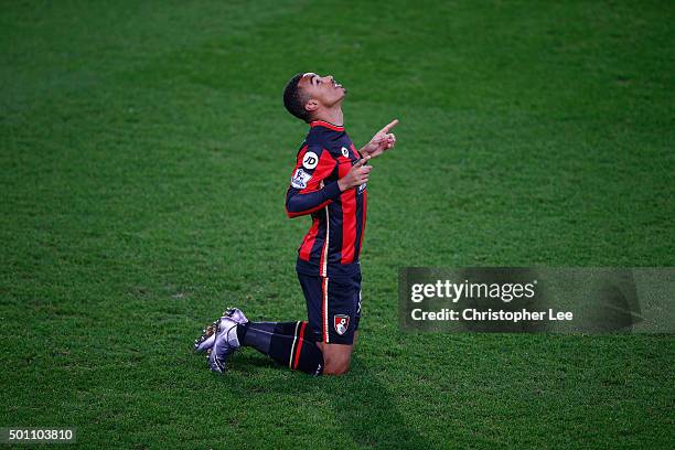 Junior Stanislas of Bournemouth celebrates scoring their first goal during the Barclays Premier League match between A.F.C. Bournemouth and...