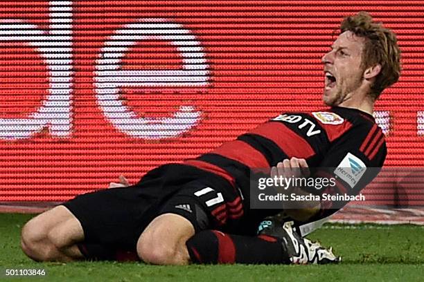 Stefan Kiessling of Leverkusen celebrates after scoring the opening goal during the Bundesliga match between Bayer Leverkusen and Borussia...