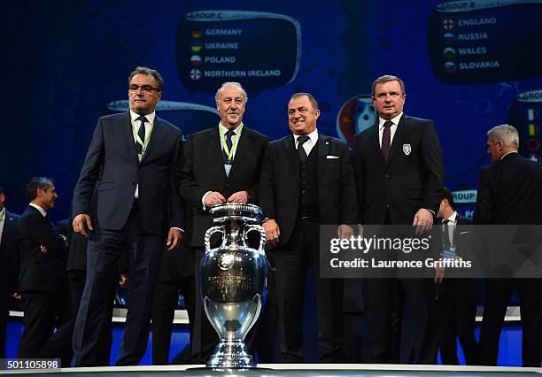 Group D managers, Ante Cacic Manager of Croatia, Vicente del Bosque Manager of Spain, Fatih Terim Manager of Turkey and Pavel Vrba Manager of the...