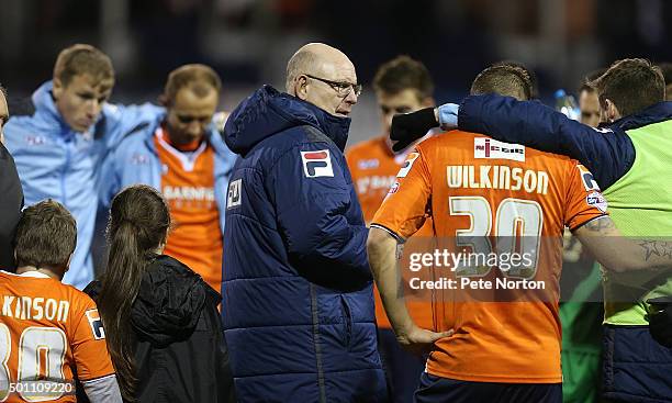 Luton Town manager John Still talks to his players at the end of the match during the Sky Bet League Two match between Luton Town and Northampton...