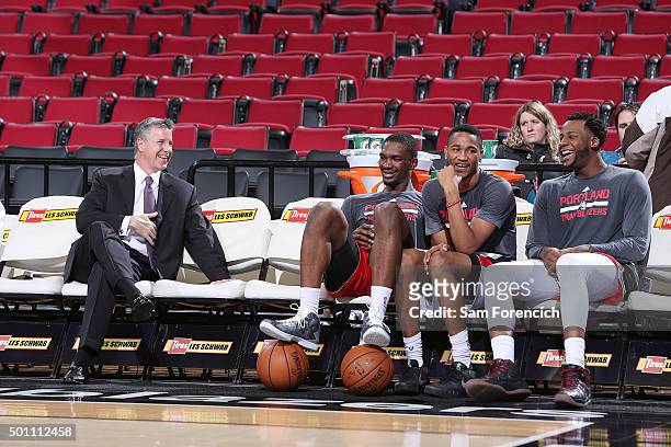 General Manager Neil Olshey of the Portland Trail Blazers jokes with team members Noah Vonleh, #44 Luis Montero, and Cliff Alexander prior to the...