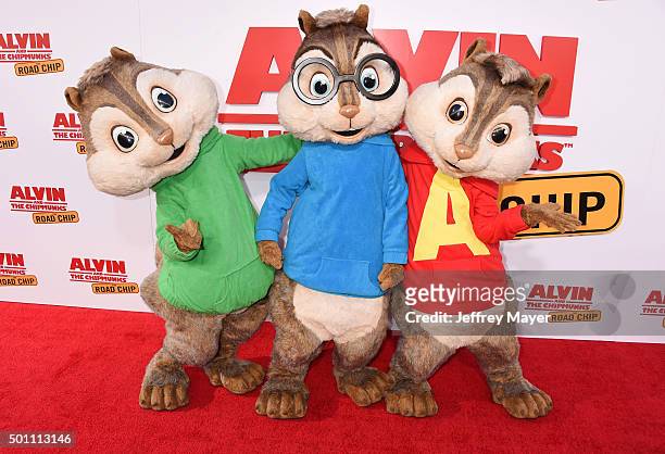 Alvin and the Chipmunks arrive at the premiere of 20th Century Fox's 'Alvin And The Chipmunks: The Road Chip' at the Zanuck Theater at 20th Century...