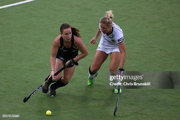 Pippa Hayward of New Zealand competes with Eileen Hoffman of Germany during the semi final match between Germany and New Zealand on day 8 of the...