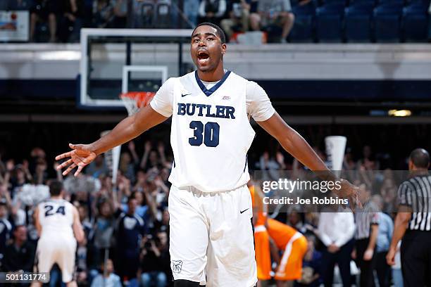 Kelan Martin of the Butler Bulldogs celebrates against the Tennessee Volunteers in the closing minute of the game at Hinkle Fieldhouse on December...