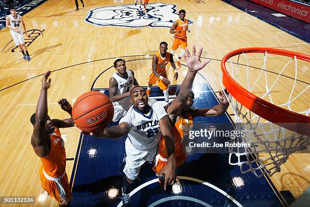 Roosevelt Jones of the Butler Bulldogs drives to the basket against the Tennessee Volunteers in the first half of the game at Hinkle Fieldhouse on...