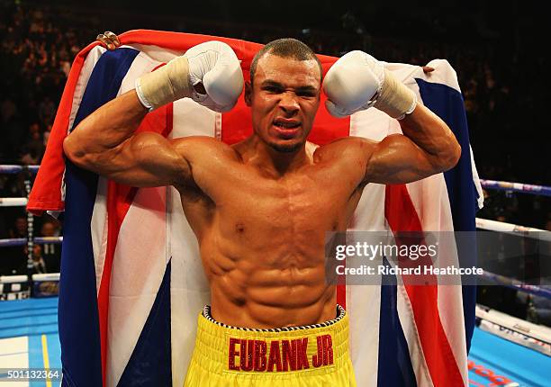 Chris Eubank Jr celebrates victory over Gary O'Sullivan after the WBA Middleweight final eliminator contest at The O2 Arena on December 12, 2015 in...