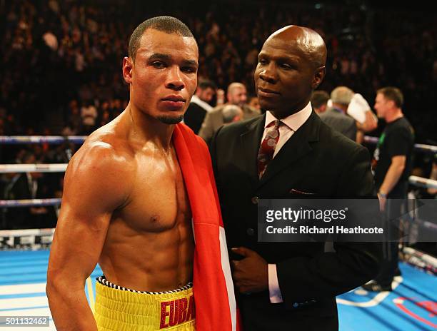 Chris Eubank Jr celebrates victory over Gary O'Sullivan with father Chris Eubank after the WBA Middleweight final eliminator contest at The O2 Arena...