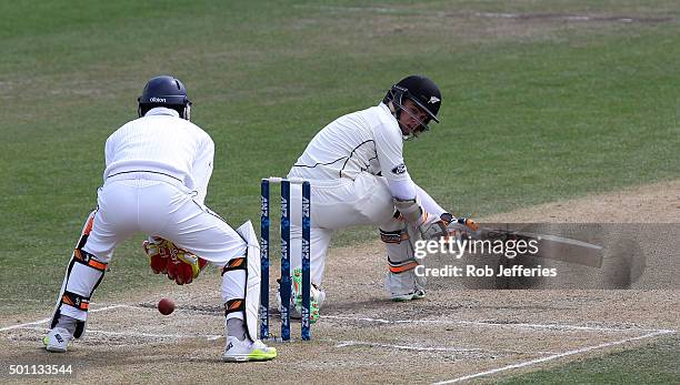 Tom Latham of New Zealand bats during day four of the First Test match between New Zealand and Sri Lanka at University Oval on December 13, 2015 in...