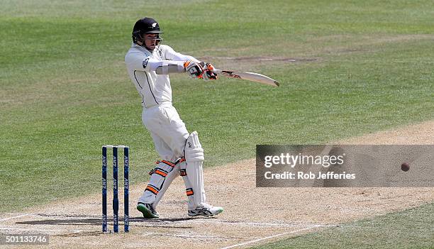 Tom Latham of New Zealand bats during day four of the First Test match between New Zealand and Sri Lanka at University Oval on December 13, 2015 in...