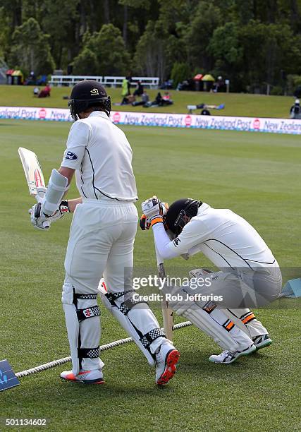 Kane Williamson and Tom Latham of New Zealand prepare to enter the field of play during day four of the First Test match between New Zealand and Sri...