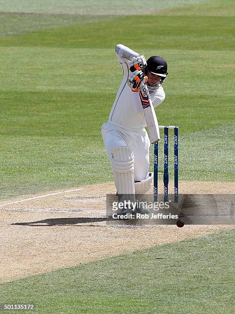 Tom Latham of New Zealand bats during day four of the First Test match between New Zealand and Sri Lanka at University Oval on December 13, 2015 in...