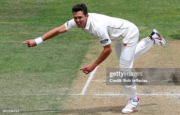 Trent Boult of New Zealand bowls during day four of the First Test match between New Zealand and Sri Lanka at University Oval on December 13, 2015 in...