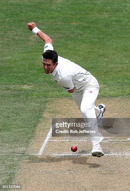 Trent Boult of New Zealand bowls during day four of the First Test match between New Zealand and Sri Lanka at University Oval on December 13, 2015 in...