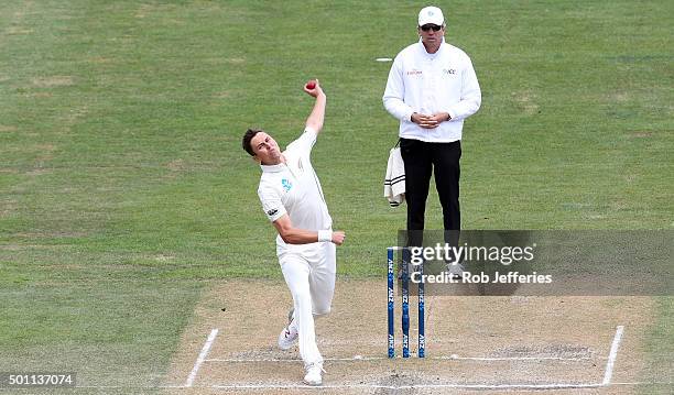 Trent Boult of New Zealand bowls during day four of the First Test match between New Zealand and Sri Lanka at University Oval on December 13, 2015 in...