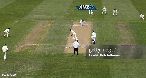 Tim Southee of New Zealand bowls to Dimuth Karunaratne of Sri Lanka during day four of the First Test match between New Zealand and Sri Lanka at...