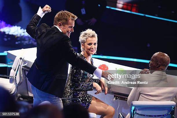 Jury members Dieter Bohlen, Inka Bause and Bruce Darnell gesture during the 'Das Supertalent' final show on December 12, 2015 in Cologne, Germany.